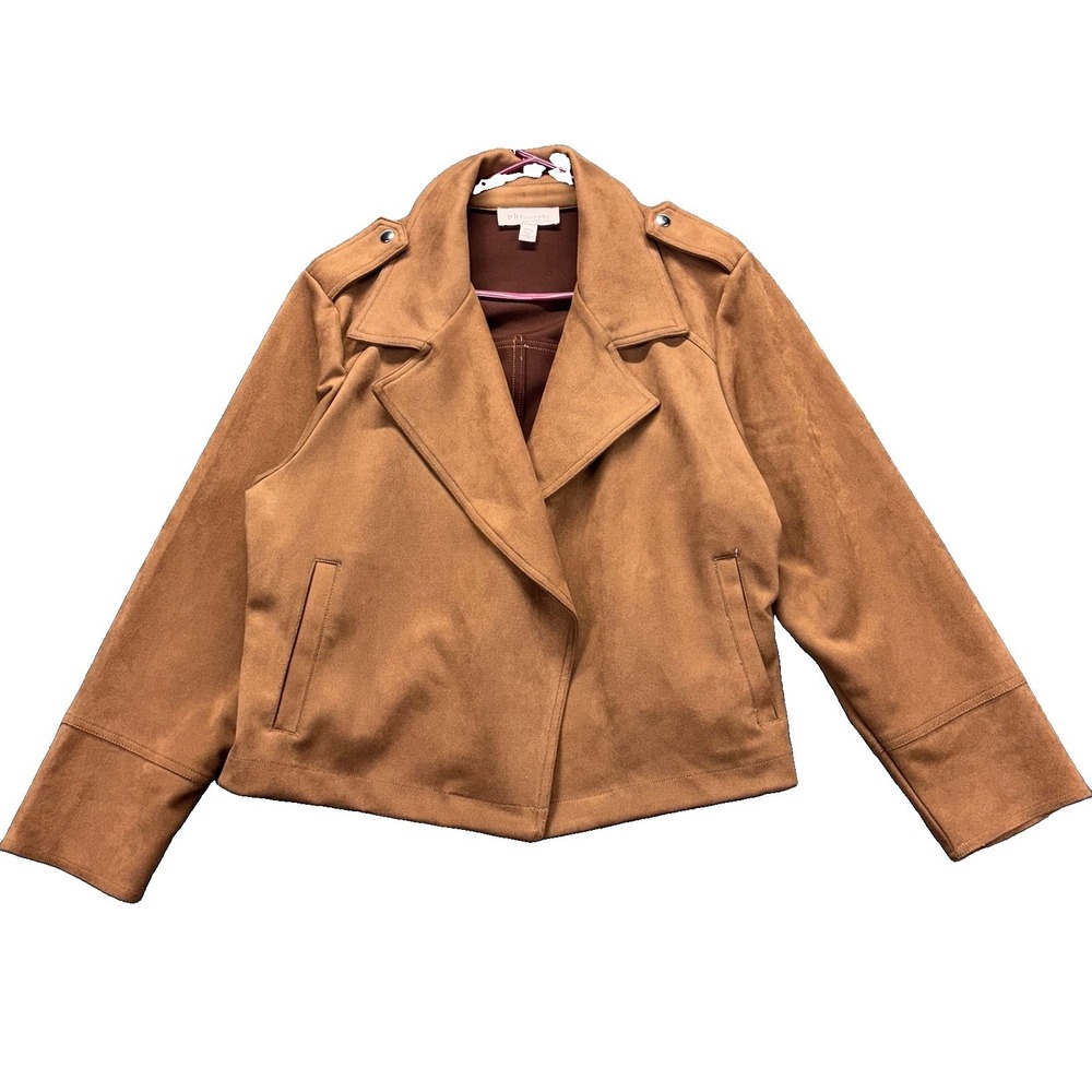 Philosophy Moto Jacket Womans‎ 1X Faux Suede Camel Tan Open Front Biker Designer